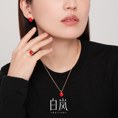 白岚红豆耳钉925纯银珐琅耳环女