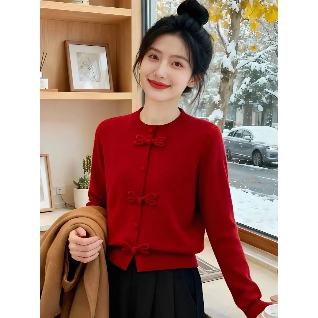 新中式红色圆领盘扣针织衫女长袖毛针织衫