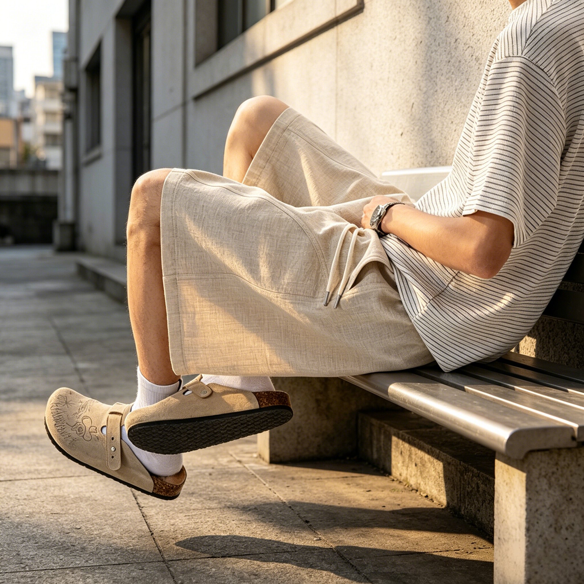2026夏季新款仿麻斜切短裤薄款休闲宽松中性男士米色系带男装