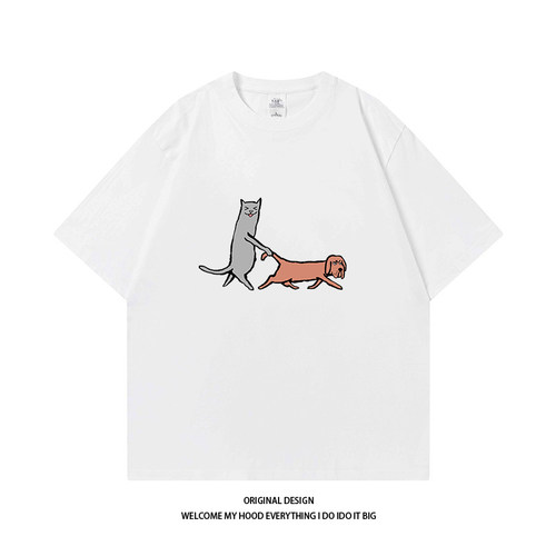 CHRY STUDIO潮牌美式趣味猫遛狗印花短袖宽松休闲百搭情侣同款T恤