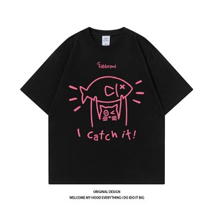 宽松百搭T 复古国潮猫咪举鱼印花情侣复古潮流短袖 CHRY STUDIO美式