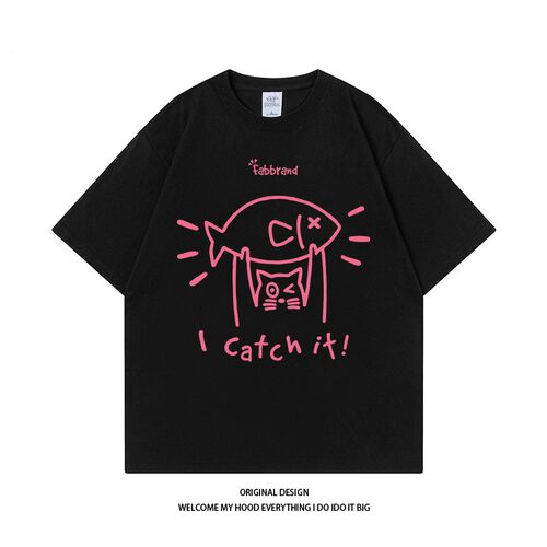 CHRY STUDIO美式复古国潮猫咪举鱼印花情侣复古潮流短袖宽松百搭T