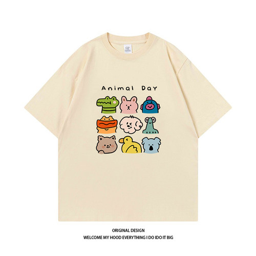 CHRY STUDIO美式潮牌卡通趣味动物园印花短袖宽松休闲百搭情侣T恤