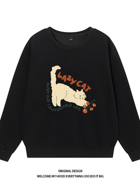 CHRY STUDIO港风ins樱桃小猫印花圆领卫衣百搭宽松休闲情侣同款潮