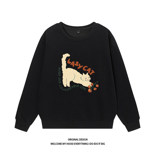 CHRY STUDIO港风ins樱桃小猫印花圆领卫衣百搭宽松休闲情侣同款潮