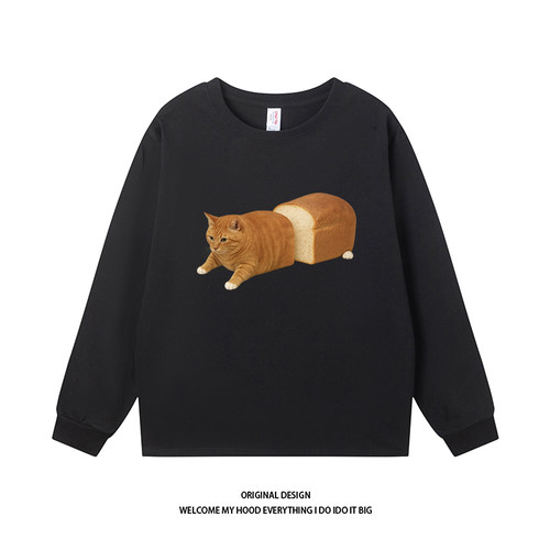CHRY STUDIO简约趣味搞怪面包猫咪印花长袖T恤宽松百搭休闲情侣装