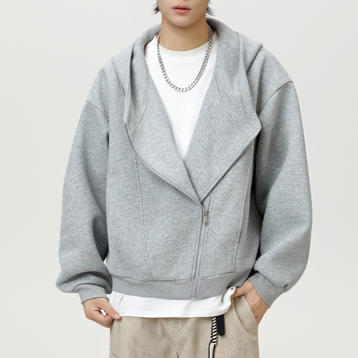 CHRY STUDIO美式重磅短款斜拉链开衫连帽卫衣秋季新款潮牌情侣衫