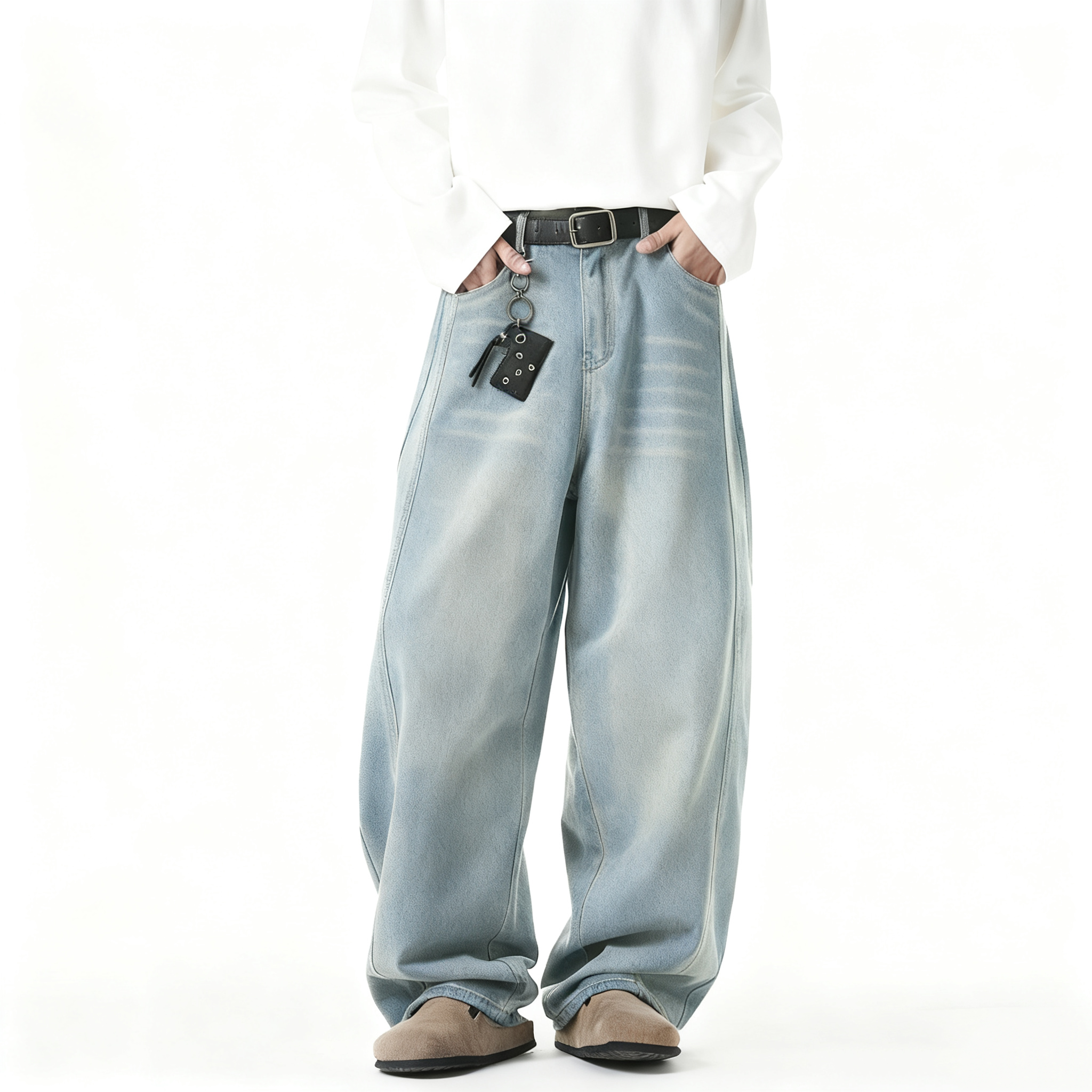 CHRY STUDIO潮牌美式水洗拼接直筒牛仔裤美式宽松阔腿休闲裤情侣