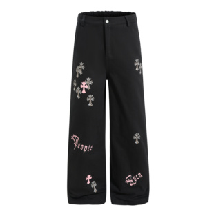 宽松阔腿长裤 CHRY 秋季 复古街头豹纹十字架印花直筒裤 STUDIO美式