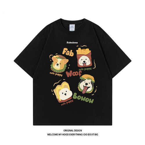 CHRY STUDIO美式潮牌趣味汉堡小狗印花短袖2024新款宽松百搭上衣T