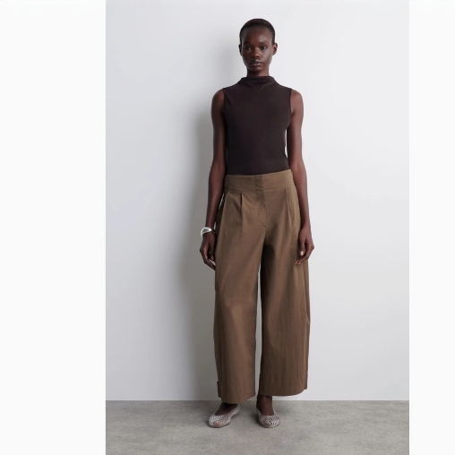 休闲版型棉质混纺桶形长裤棕色