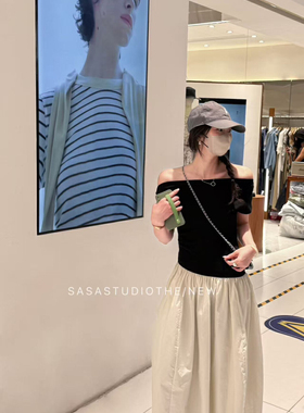 【SASA家】一字肩气质拼色显瘦连衣裙  21563#