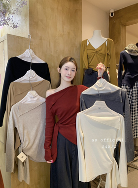 【AS OFFICIAL】翻领一字肩绑带设计针织衫11532#