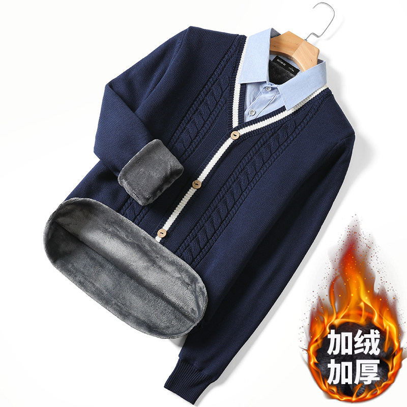 秋冬假两件衬衫领针织衫加绒加厚