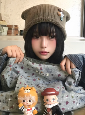日系猫耳纽扣针织堆堆帽女秋冬保暖百搭显脸小毛线冷帽软妹风帽子