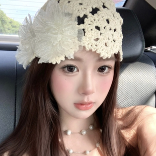 手工钩针镂空花朵针织帽女春夏薄款 韩版 编织套头帽显脸小包头帽子