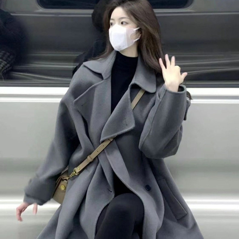 灰色毛呢外套女感秋冬新款加厚赫本风呢子长款大衣ins潮