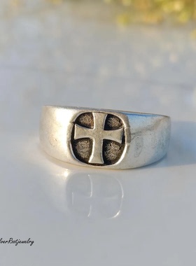 S925银十字架宽版复古情侣戒指