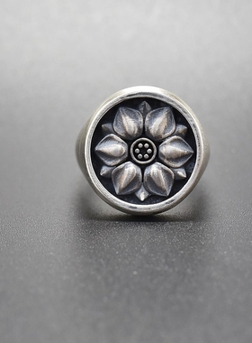 纯银戒指莲花雕琢立体做旧厚重圆形原创小众设计情侣复古风格戒指
