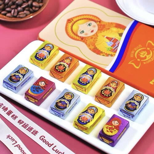俄罗斯进口涅夫斯基牛奶巧克力可可脂套娃迷你铁盒包装零食礼品
