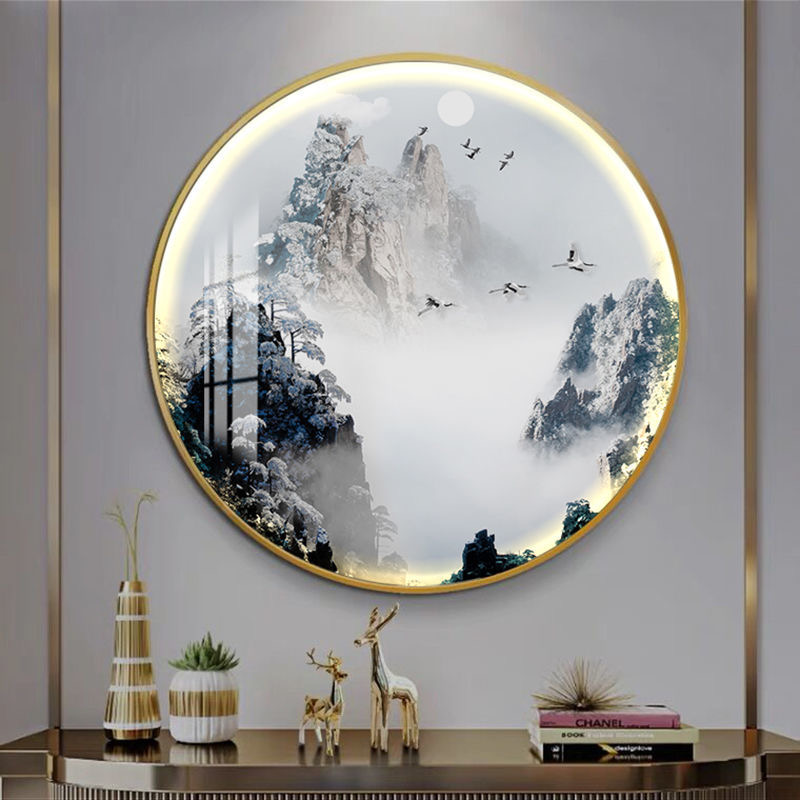 新中式入户玄关装饰画圆形氛围灯画走廊背景墙茶室挂画山水画壁画图片