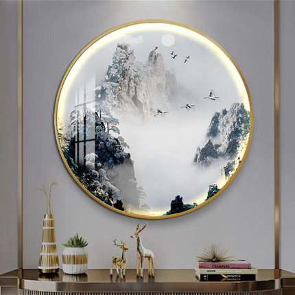 新中式入户玄关装饰画圆形氛围灯画走廊背景墙茶室挂画山水画壁画