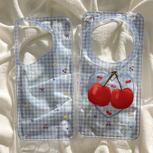 ins韩系蓝格纹樱桃支架适用华为mate80promax手机壳mate70pro双层新款mate60pro保护套pura70pro小众个性女款