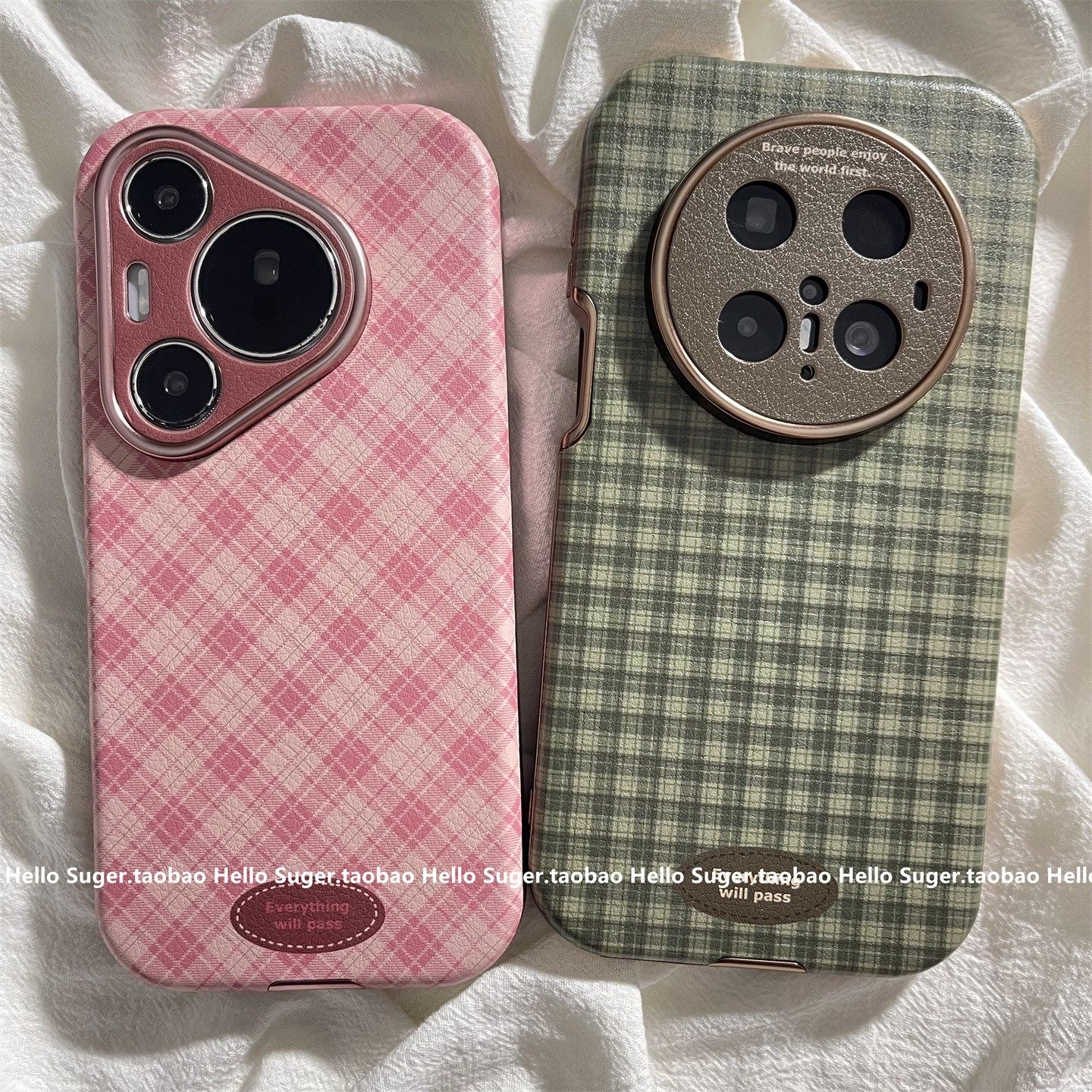 日韩ins简约粉绿格纹适用华为mate70pro+手机壳pura