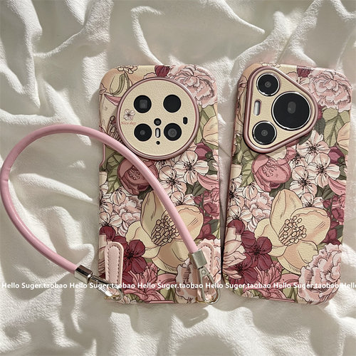 复古风油画花朵适用华为mate70pro+手机壳pura80pro腕带挂绳pura70pro保护套mate60pro大视窗mate40/50pro女