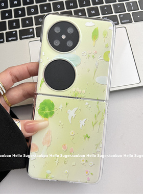 早春ins绿色风景小鸟油画适用华为PuraX折叠屏手机壳pokcet2保护套小米mixflip翻盖屏三星zflip6/5女oppo折叠