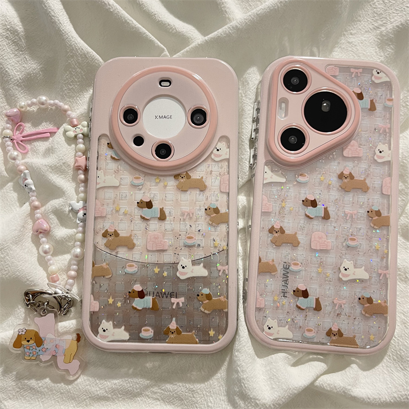 粉色奶油闪粉腊肠狗狗适用华为mate70pro+手机壳mate60pro全包防摔pura70pro链条挂件mate50pro保护套pura80