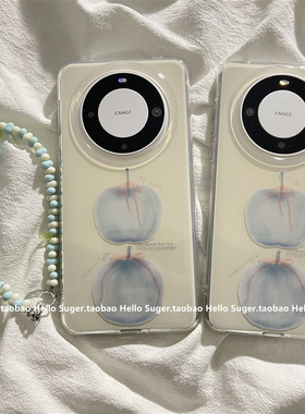 ins风简约蓝色英文苹果插画适用华为mate70pro+手机壳mate60pro双层新款pura70pro链条手绳mate60小众高级感