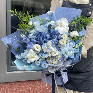 上海同城鲜花速递蓝白色系郁金香玫瑰百合混搭束花花店送货上门