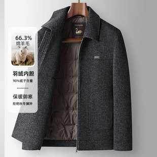 山羊绒男式夹克秋冬翻领工装款90白鸭绒保暖中年商务休闲短款外套