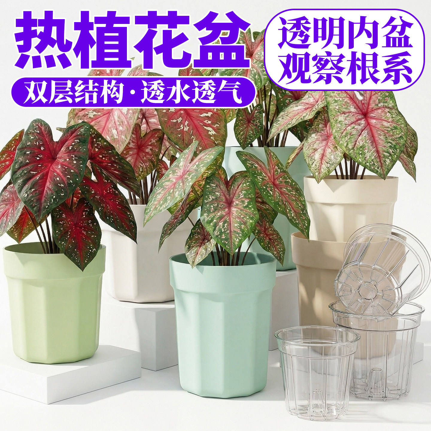 懒人自吸水花盆加厚塑料花盆阳台龟背竹秋海棠控根透气套盆加仑盆