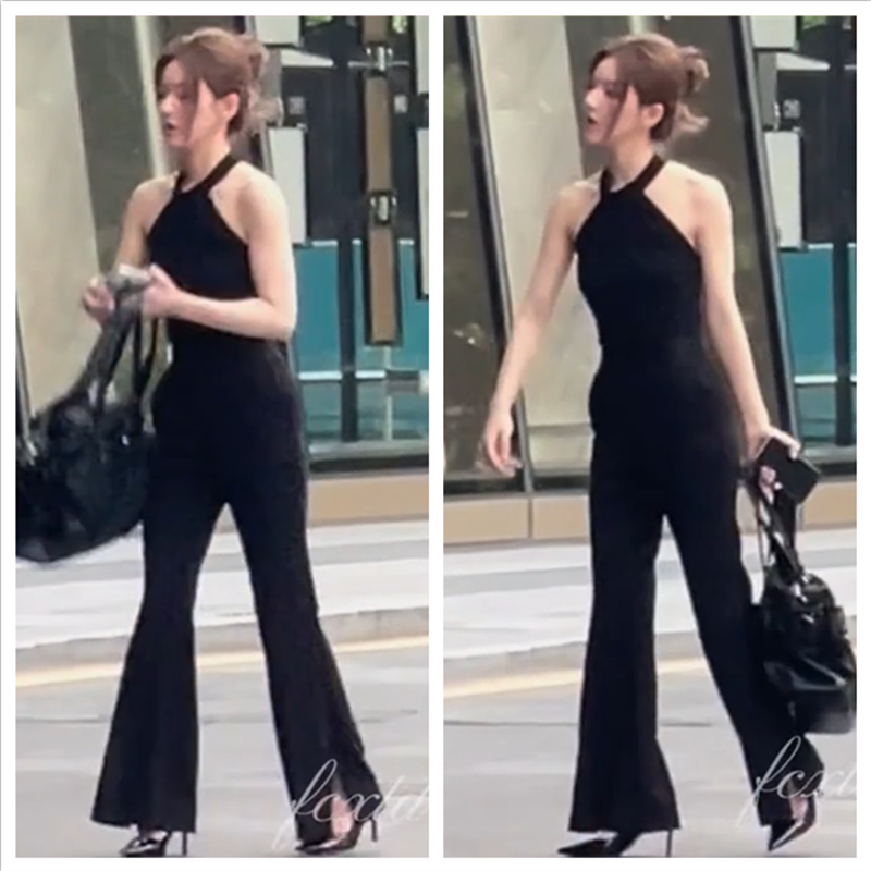 赵露思同款黑色吊带开叉西装裤子