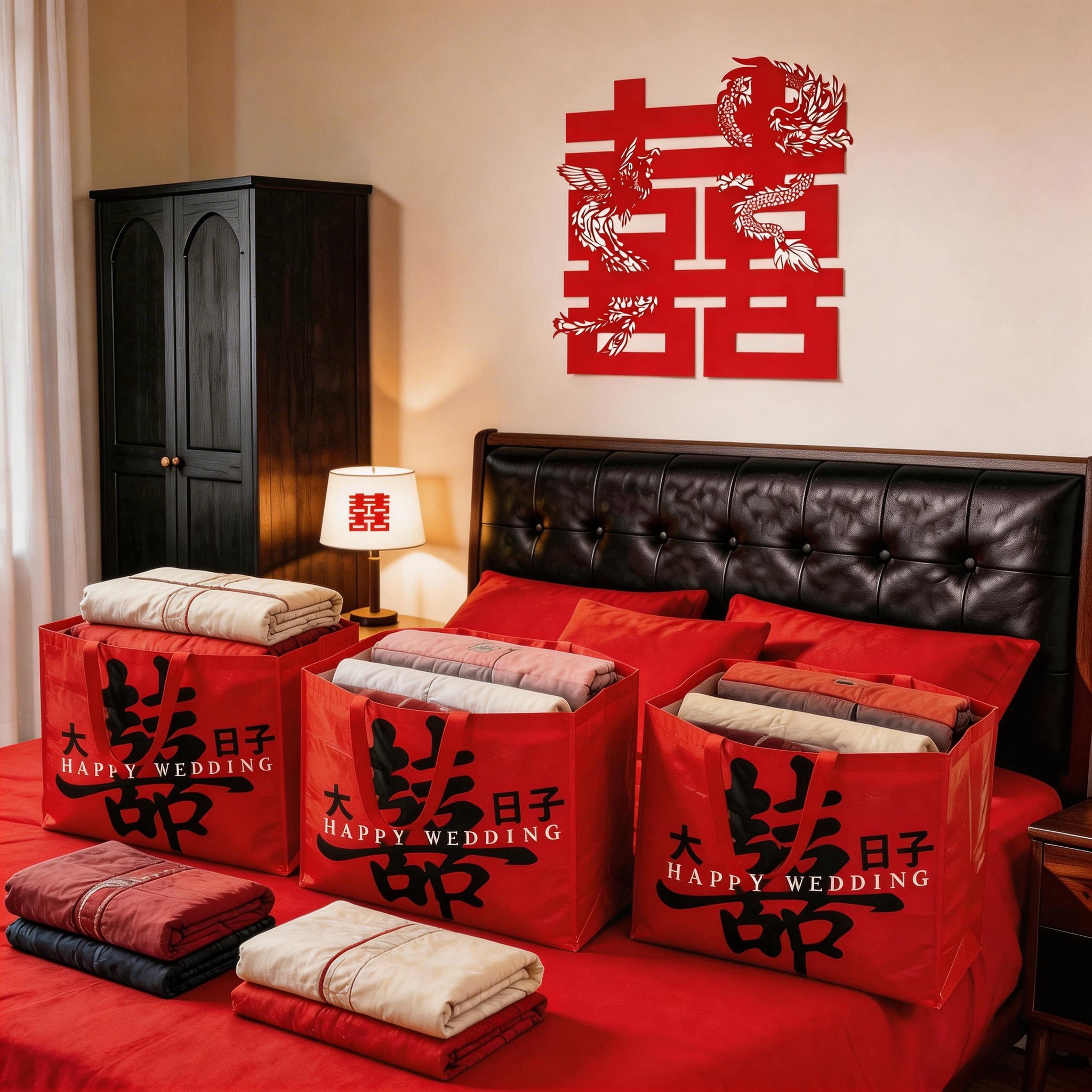 薇妮婚品结婚装被子喜袋陪嫁出嫁用品红色手提超大号收纳编织袋