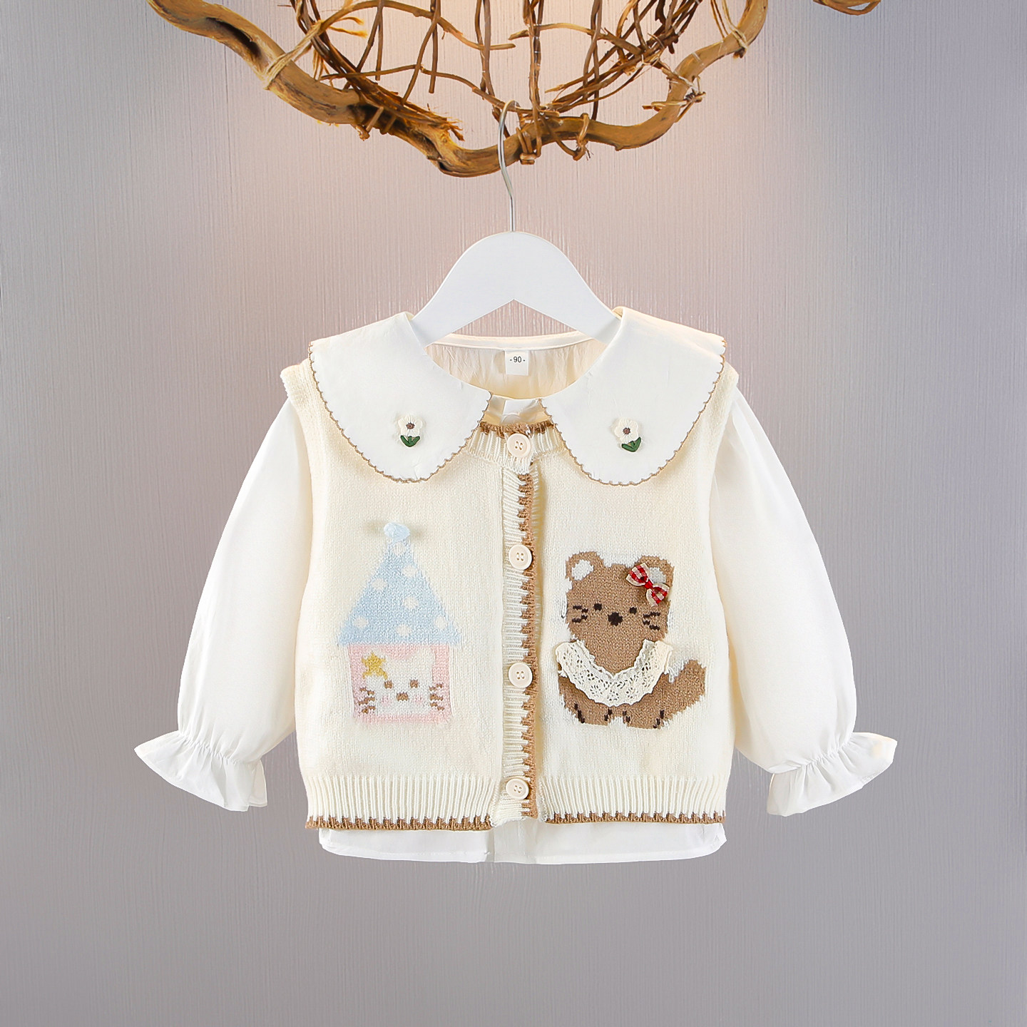 女宝宝春装长袖衬衫针织开衫套装小童娃娃领卡通小熊衣服白色衬衣,童装/婴儿装/亲子装,套装,淘宝优惠券,粉丝福利购,淘宝优惠卷