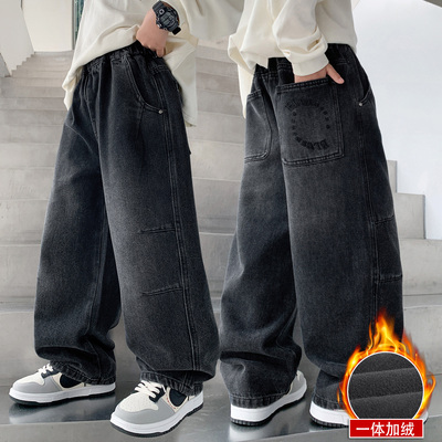 男童装加绒加厚牛仔裤一体绒冬季2025新款儿童秋冬长裤男孩痞帅风