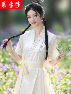 搭配马面裙的v领上衣女夏季新中式国风短袖衬衫日常通勤汉服套装