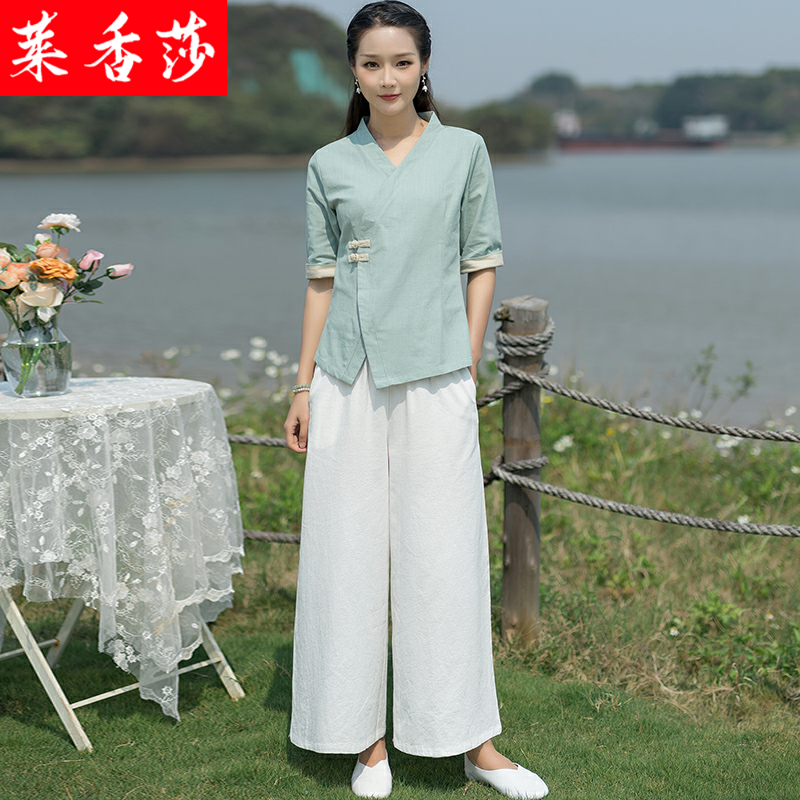 中国风汉服禅意女装棉麻茶服禅修居士服复古唐装盘扣上衣中式套装