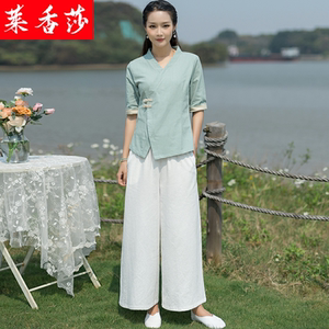 中国风汉服禅意女装棉麻茶服禅修居士服复古唐装盘扣上衣中式套装