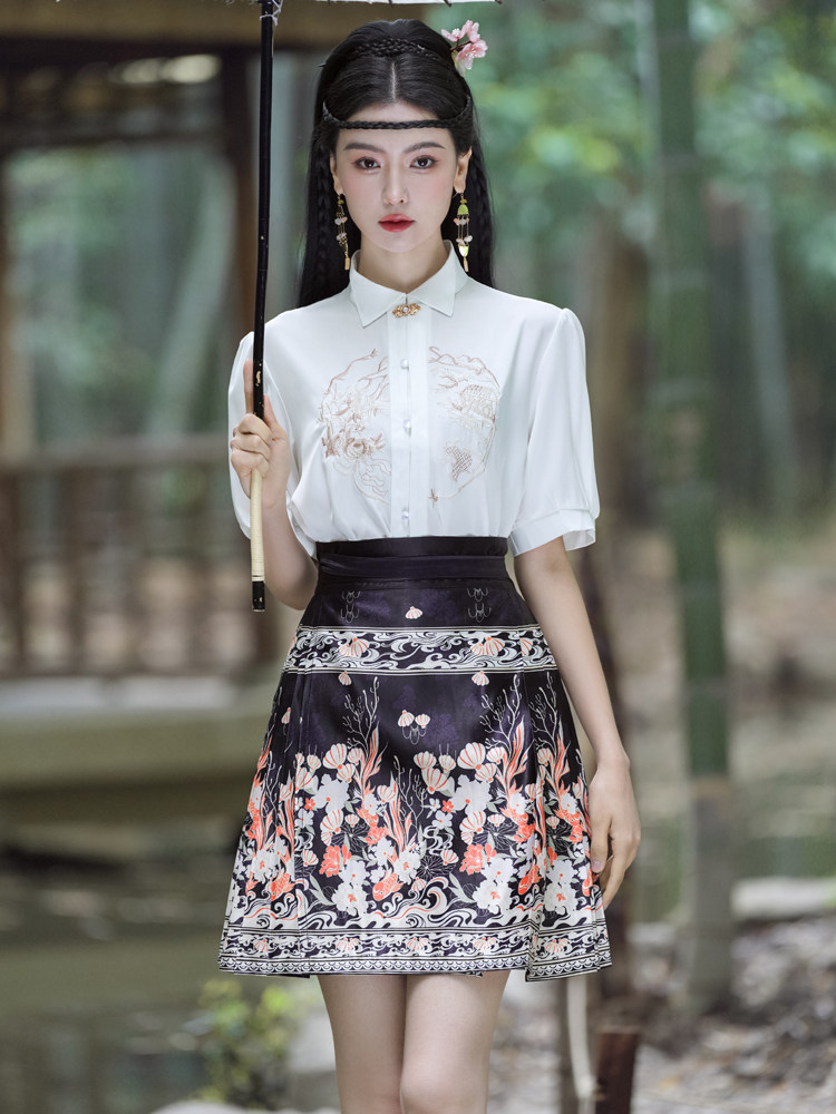 短款马面裙搭配衬衫白色短袖新中式国风翻领衬衣改良汉服上衣女夏