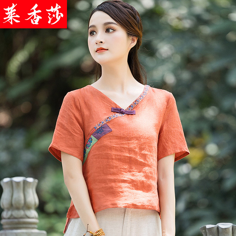 民族风夏装复古女装亚麻短袖T恤中国风唐装V领棉麻上衣女短款小衫