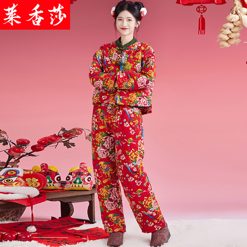 中式唐装棉麻盘扣棉袄复古民族风冬装加厚东北大花布棉衣棉裤套装