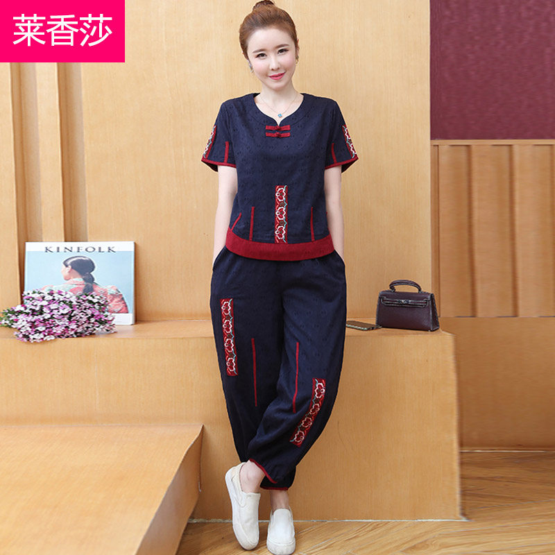 民族风夏装宽松阔腿裤套装女复古中式唐装刺绣短袖上衣棉麻两件套