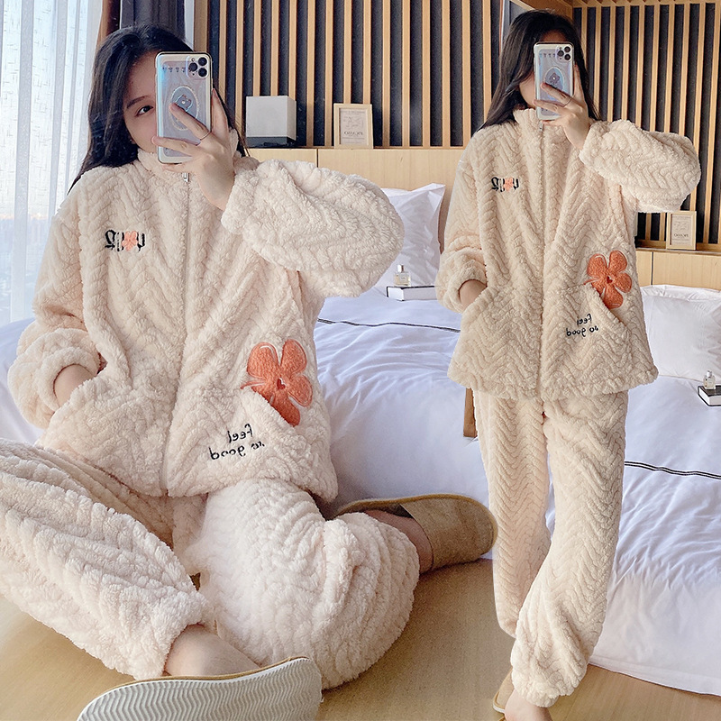 秋冬新品月子睡衣  开胸拉链款加绒加厚哺乳服法兰绒可调节