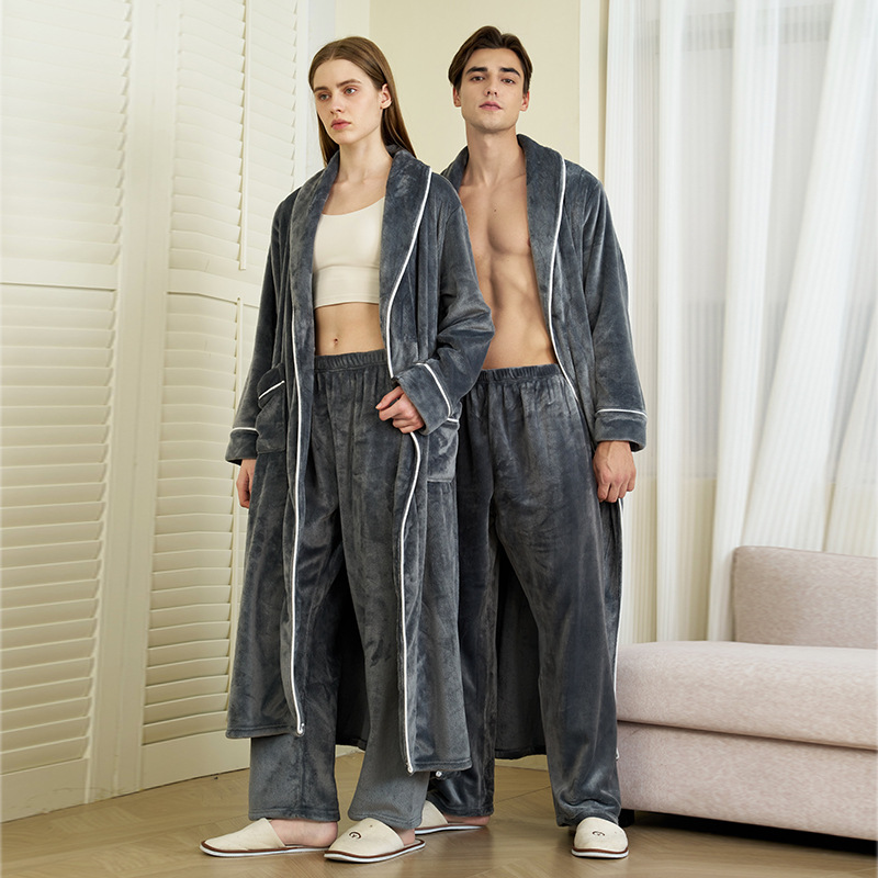 冬季新款加绒加厚法兰绒睡袍情侣浴袍男士大码长袍睡衣带裤子套装