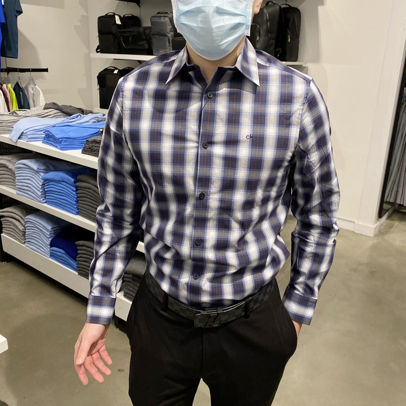 CK休闲时尚撞色格子长袖衬衫