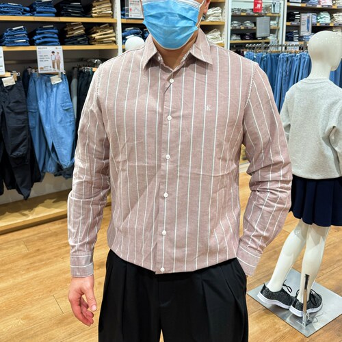 CK男士休闲竖条纹牛津纺长袖衬衫